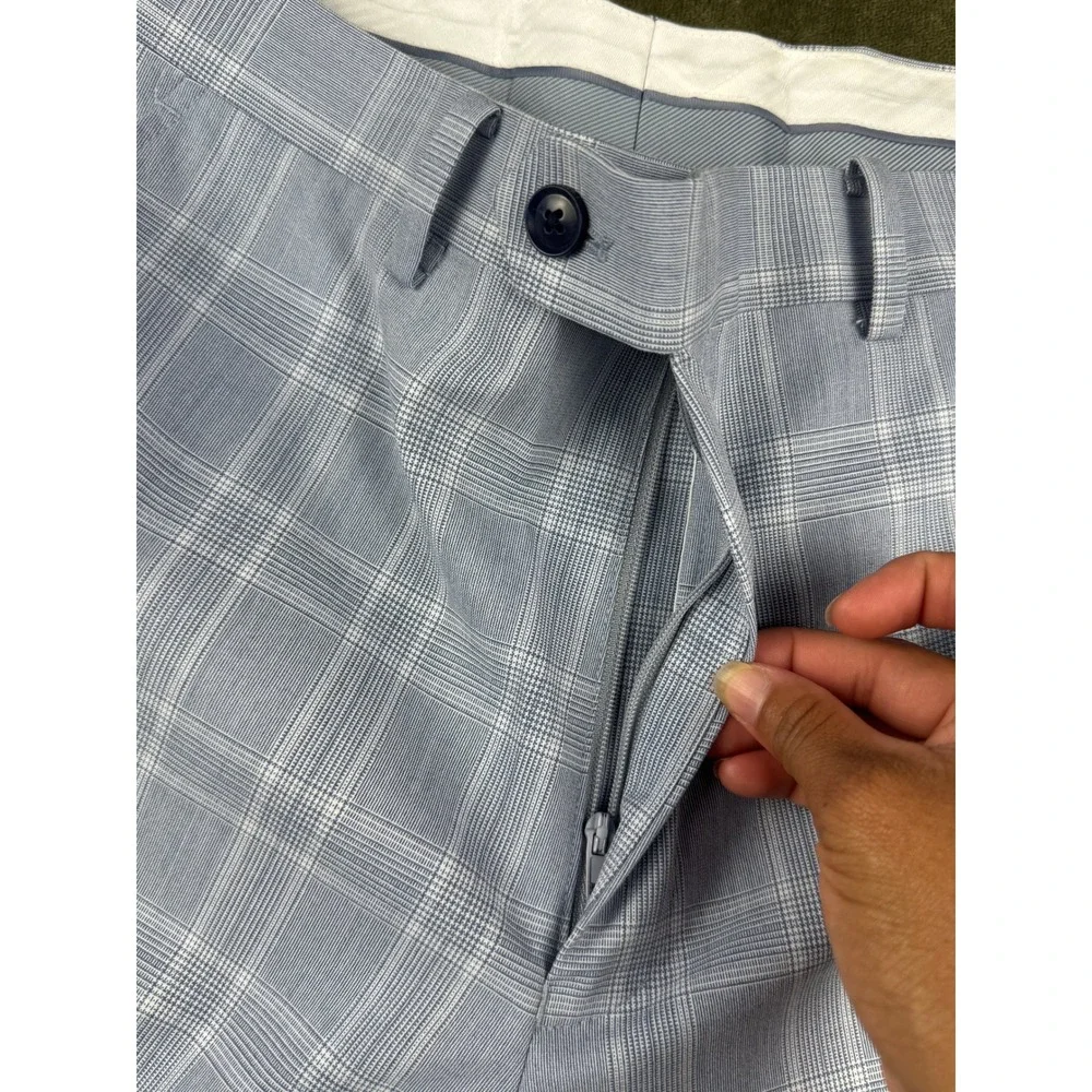 Alfani Slim Fit Dress Pants Mens 33x32 Light Blue Glen Plaid Stretch Trousers